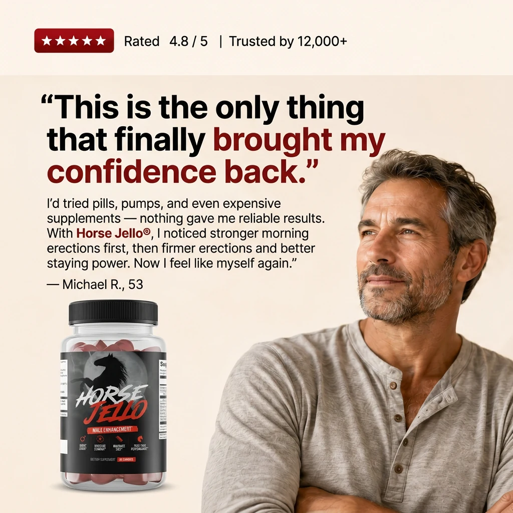 Rated 4.8 out of 5, trusted by 12,000+. &ldquo;This is the only thing that
                  finally brought my confidence back.&rdquo; I&rsquo;d tried pills, pumps, and even
                  expensive supplements &mdash; nothing gave me reliable results. With Horse
                  Jello, I noticed stronger morning erections first, then firmer erections and
                  better staying power. Now I feel like myself again. &mdash; Michael R., 53.